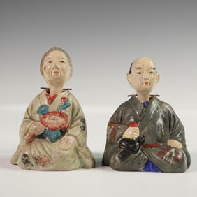 2pc Japanese Painted Nodders, Man and Woman