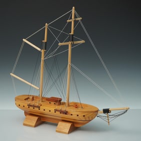 Wooden Model Ship, 2-Masted Schooner with Open Deck
