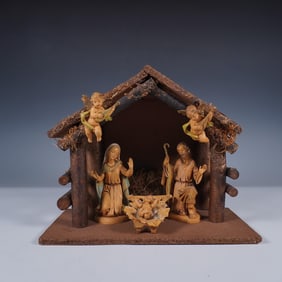 Nativity Scene with Wooden Stable and Music Box