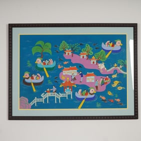 Wen Yuzhen, Chinese Folk Art Gouache on Paper Painting, Meipi Lake, Signed