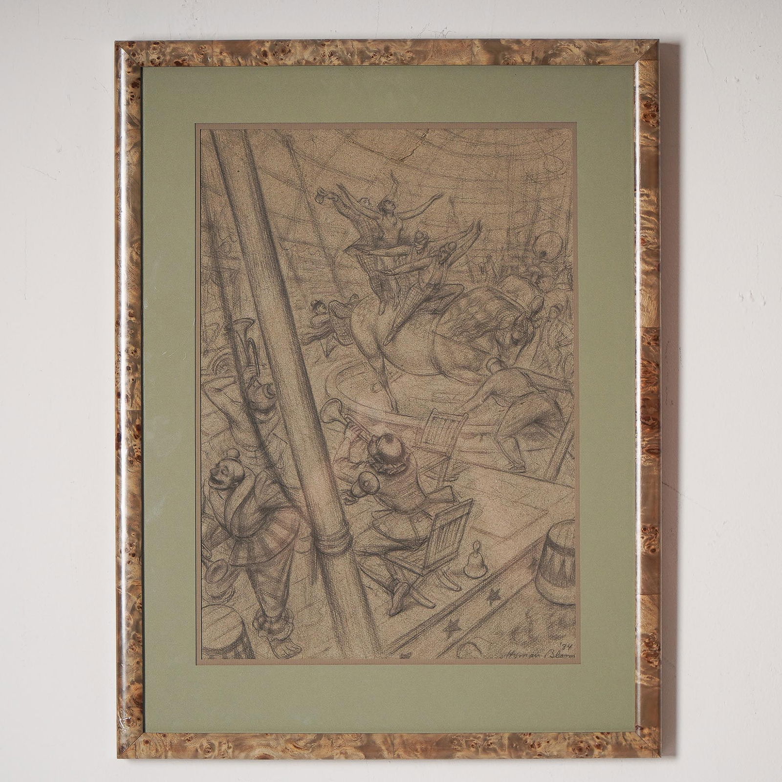 Hyman Bloom, Original Drawing, Circus Scene, Pencil on Paper, Signed: An intricate and highly detailed graphite drawing depicting a lively circus scene by Hyman Bloom, a celebrated American artist known for his expressive and often dramatic works, influenced by European
