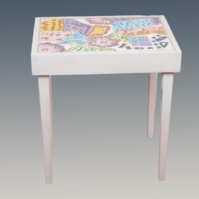 Painted Tile Top Side Table with Artist Signature