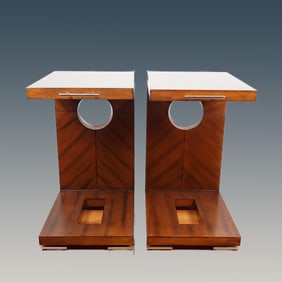 Pair of Contemporary Wood Side Tables with Chrome Accents