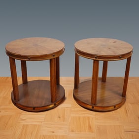 Pair of Round Wood Two-Tier Side Tables with Nailhead Trim