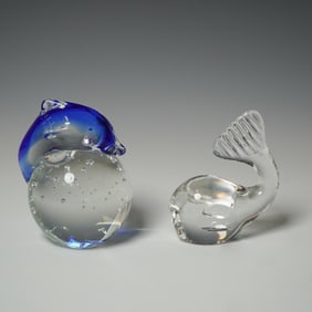2pc Art Glass Figurines, Spode Whale & Dolphin Paperweight