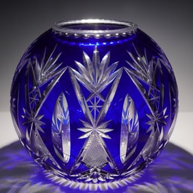 Val Saint Lambert Boule a Fleurs Glass Cobalt Blue with Original Container