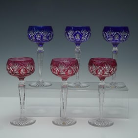 6pc Vintage Val St Lambert  Crystal Goblets, Cranberry and Bourget Pattern