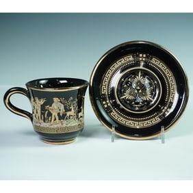 2pc Greek Black Porcelain Cup and Saucer with 24K Gold Mythological Design