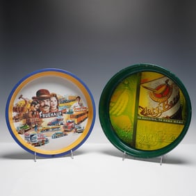 2pc Vintage Advertising Trays, Fruehauf and Zlaty Bazant