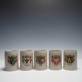5pc Porzellan Tettau German Beer Mugs with City Crests