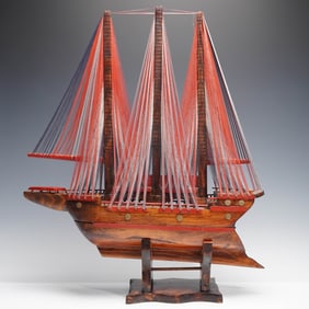 Handcrafted Wooden Model Ship with Hidden Compartment