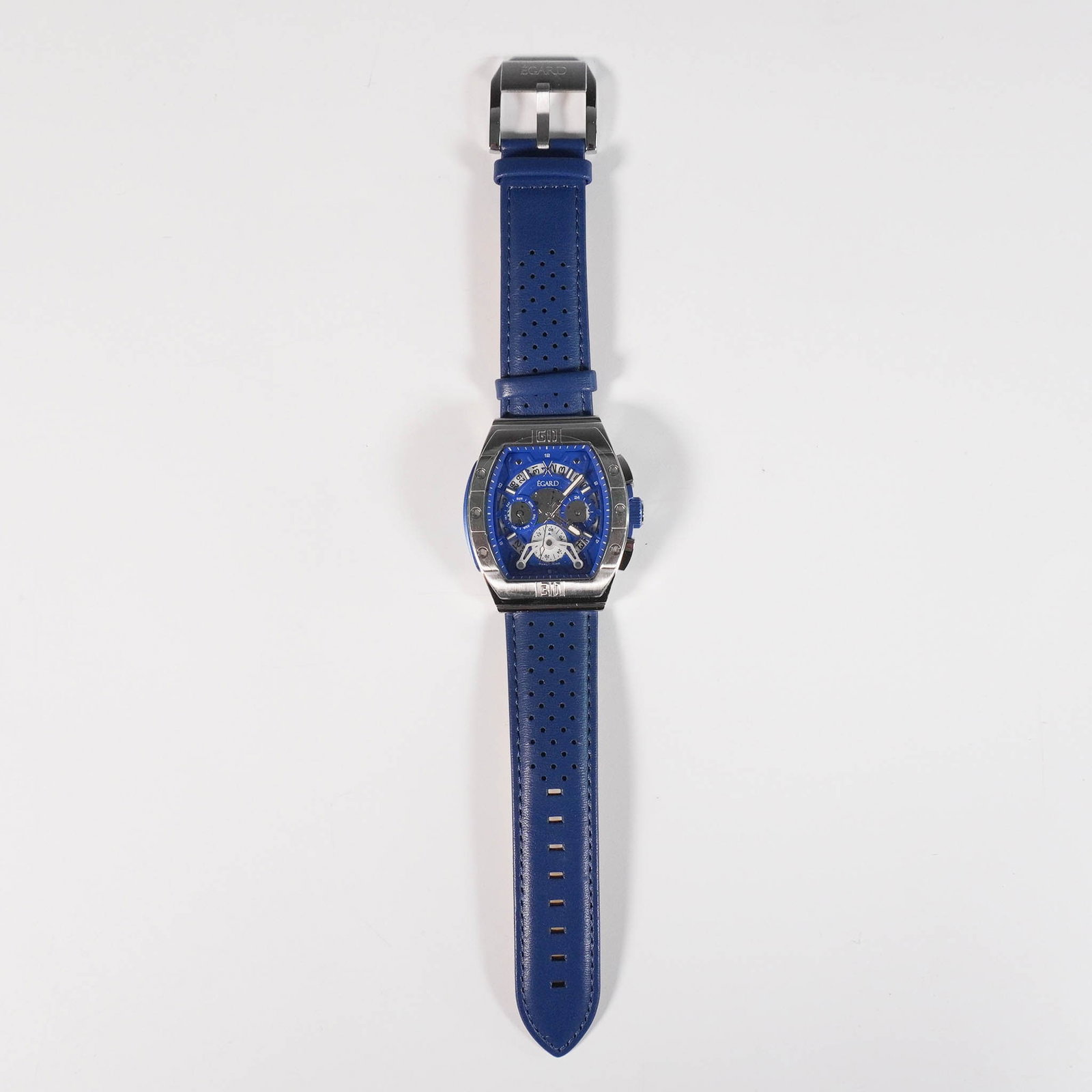 Egard Patriot Classica Wristwatch with Leather Strap: Egard Patriot Classica wristwatch featuring a stainless steel case and blue dial with a matching blue perforated leather strap. The watch is fitted with a K1 hybrid crystal and equipped with Swiss Sup