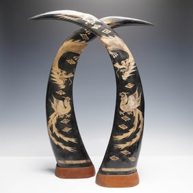 Pair of Arched Horns with Carved Dragon and Phoenix Motifs