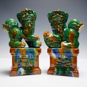 2pc Chinese Ceramic Foo Dog Statues, Sancai Glaze