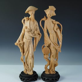 Pair of Asian-Style Elders with Birds Figures