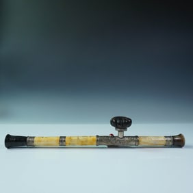 Chinese Opium Pipe with Carved Bone and Metal Fittings