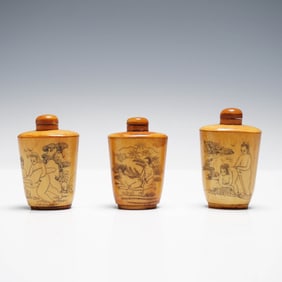 3pc Erotic Carved and Scrimshawed Bone Snuff Bottles