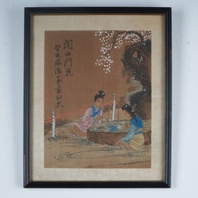 Chinese Watercolor Painting on Silk, Scene of Two Women with Blossoms