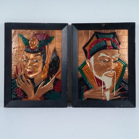 Pair of Midcentury Asian Copper Relief Wall Art Panels