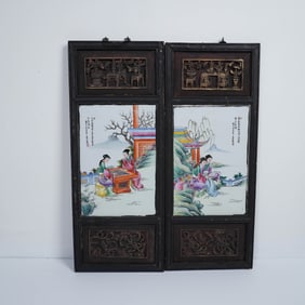 Pair of Chinese Porcelain Plaques in Carved Wooden Frames