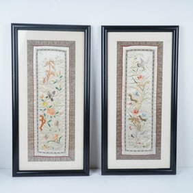 Pair of Framed Chinese Silk Embroideries with Birds and Floral Motifs