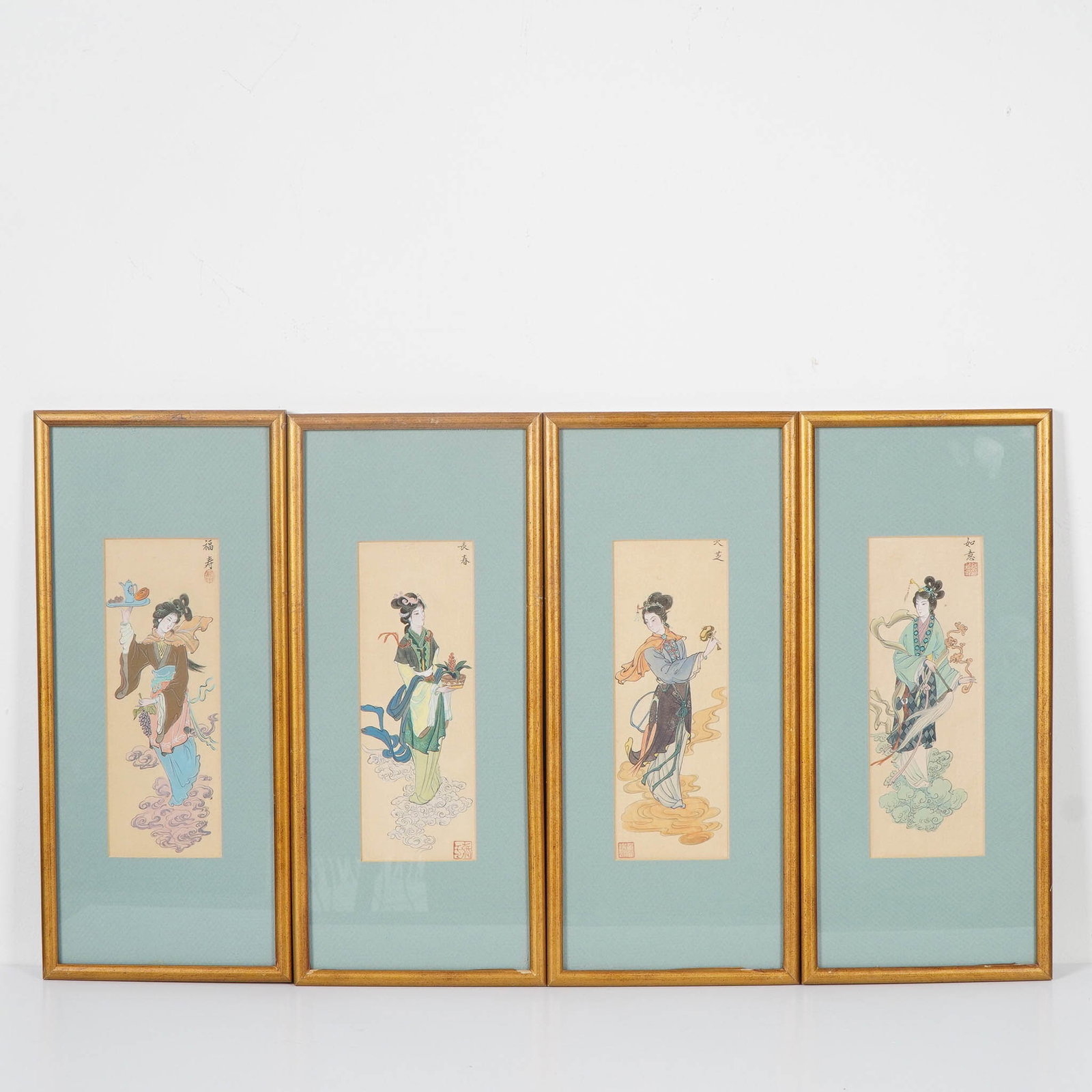 4pc Framed Asian Rice Paper Paintings of Courtly Figures: A finely rendered set of four Asian ink and watercolor paintings, likely Chinese, each depicting an elegant courtly female figure in traditional dress. The images are painted on delicate rice paper wi