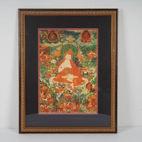 Framed Tibetan Thangka Print, Depicting Chandrakirti w/ Deities & Studentst