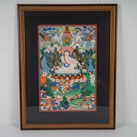 Framed Tibetan Thangka Print, Seated Deity Milarepa with Attendants