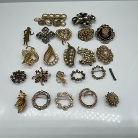 23pc Collection of Vintage Gold-Tone and Faux Pearl Brooches