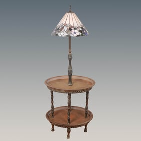 Stained Glass Floor Table Lamp with Integrated Tiered Table