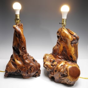 2pc Handcrafted Burlwood Table Lamps, Organic Form