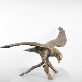 Paninated Brass Eagle Sculpture on Branch Perch