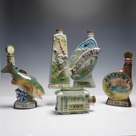5pc Vintage Jim Beam Ceramic Whiskey Decanters, Assorted Themes