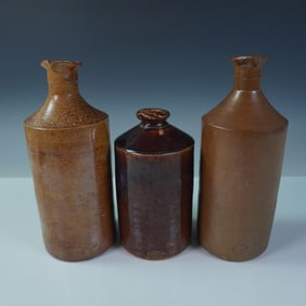 3pc Antique English Stoneware Spirit Bottles - Bourne Denby & Stiff Lambeth