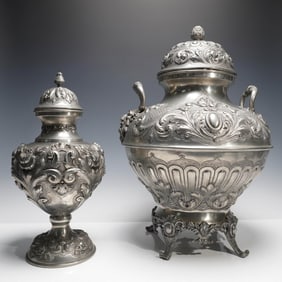 Pair of J. Dores Ornate Portuguese Pewter Lidded Wine Urns