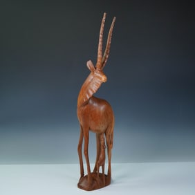 Hand Carved African Antelope and Calf Wood Sculpture