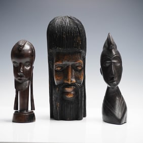 3pc African Carved Wood Tribal Head Sculpture Collection
