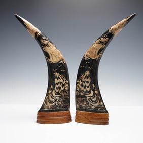 2pc Carved Dragon Sculptures with Wood Bases