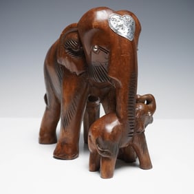 Hand Carved Wood Elephant Figurine with Calf and Metal Accents