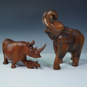 2pc Hand-Carved Wooden Elephant and Rhinoceros with Calve