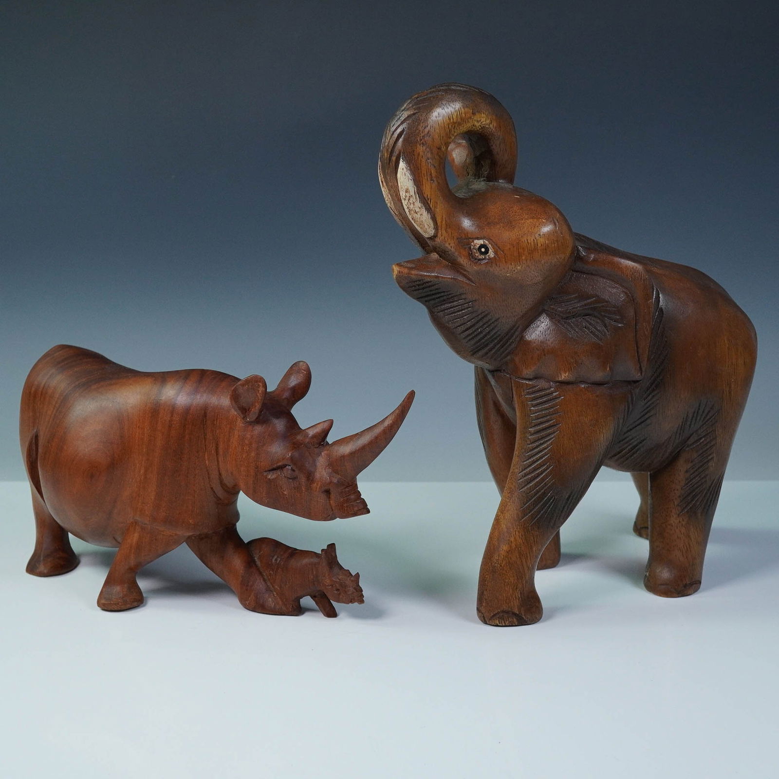 2pc Hand-Carved Wooden Elephant and Rhinoceros with Calve (1 of 5)