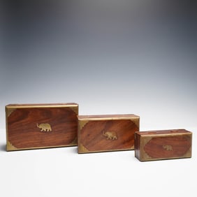 3pc Elephant Inlaid Wooden Box Set