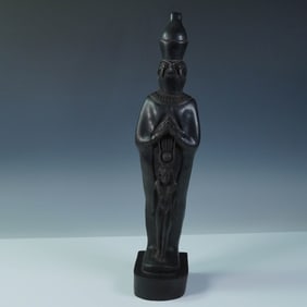 Egyptian Black Stone Sculpture of Osiris with Horus Relief