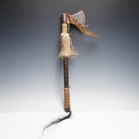 Native American Ceremonial Tomahawk with Feathers & Fur