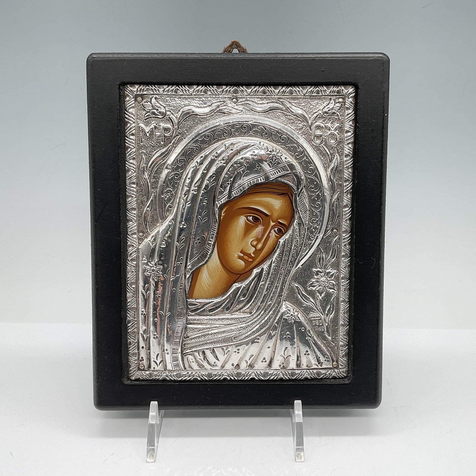 Silver Greek Orthodox Icon, Virgin Mary in Mourning: An exquisite Greek Orthodox icon of the Virgin Mary in mourning, made of 950 proof silver on a carefully selected timber frame. This piece is an exact reproduction of an antique Byzantine masterpiece,