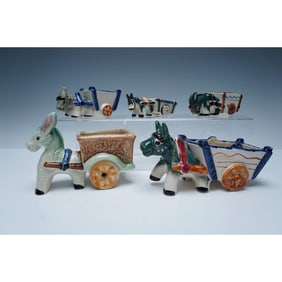 5pc Porcelain Donkey Cart Planters, Made in Occupied Japan