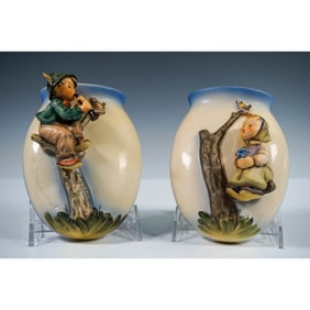 2pc Goebel Hummel Wall Pocket Vases Girl Sitting in Tree and Little Tooter