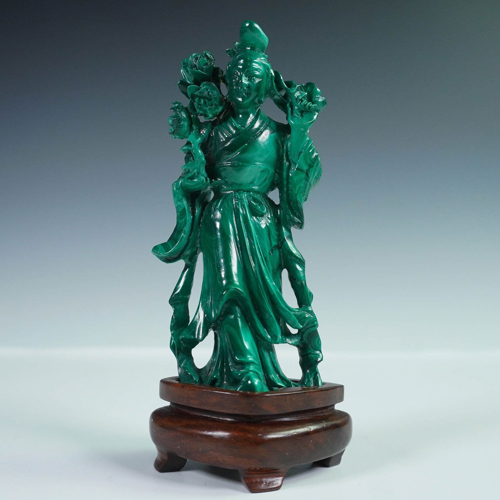 Malachite Asian Female Figure Holding Flowers