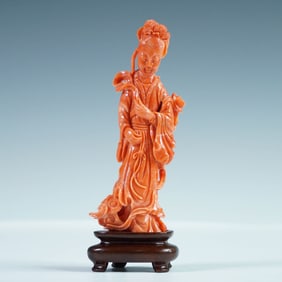 Carved Asian Female Figure in Orange Coral Resin