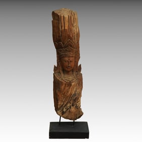 Hand-Carved Southeast Asian Temple Guardian Bust on Stand